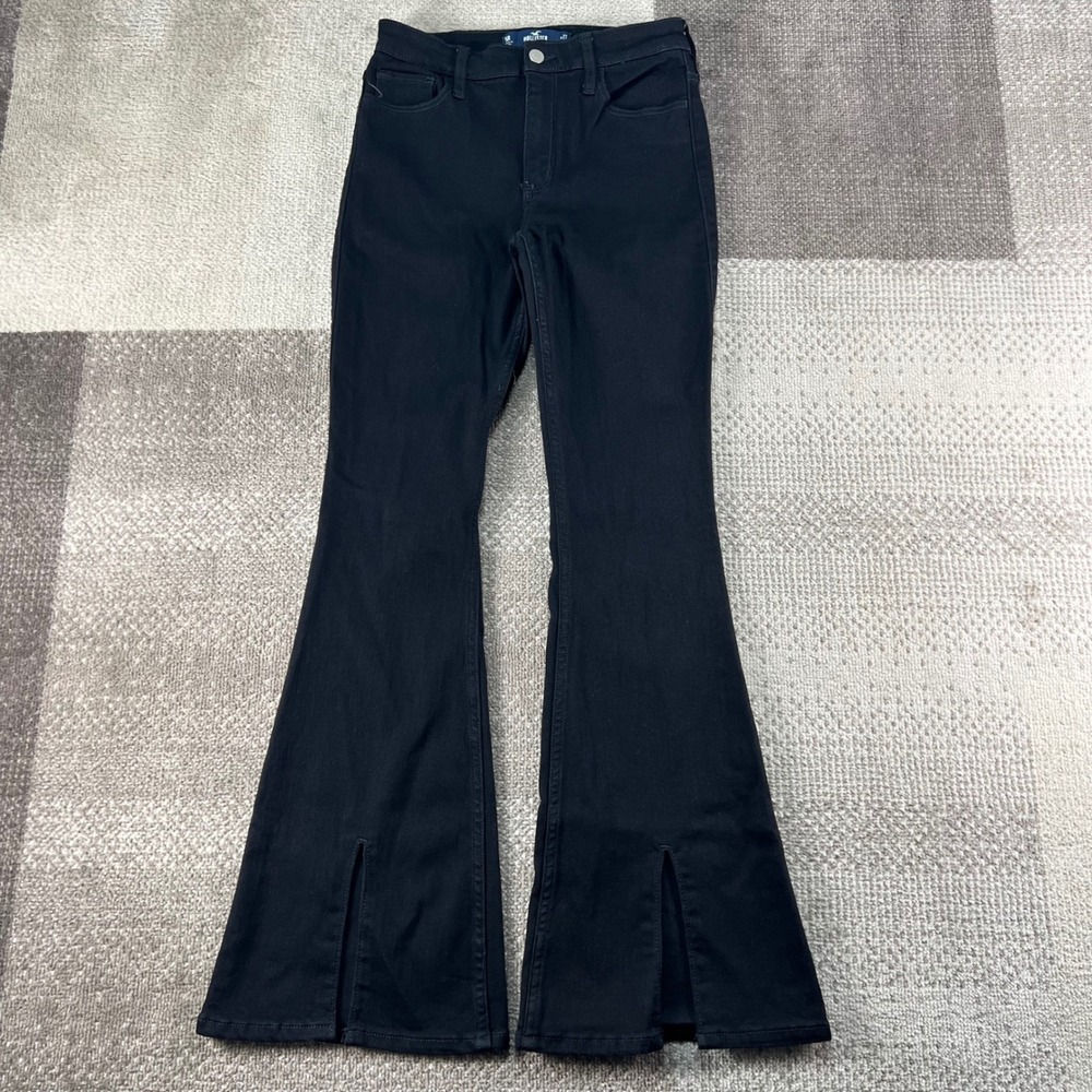 Hollister High Rise Flare Jeans Black Front Slit Hem 5R W27 L31 Soft Stretch